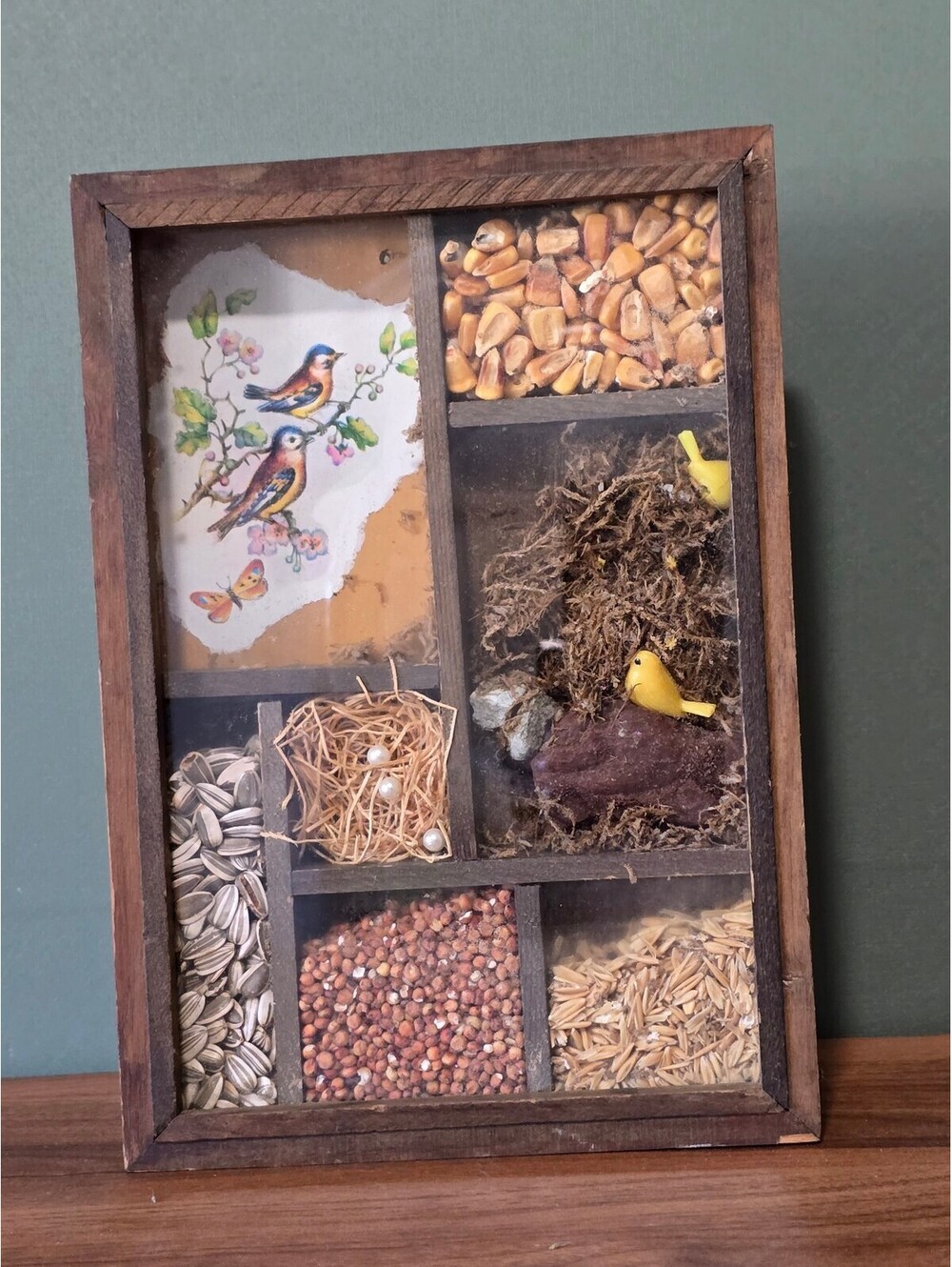 Vintage Wooden Bird Shadow Box Wall Hanging Dried Seed Corn Moss Art